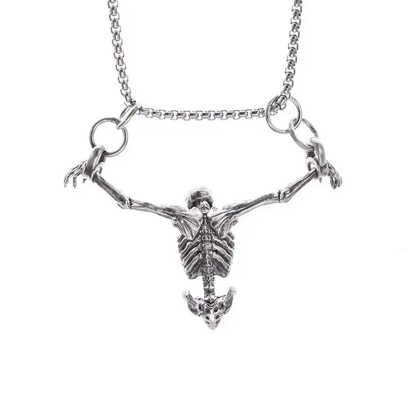 Silver Color Upper Body Skull Pendant Men\'s Biker Punk Necklace Gothic Alternative Casual Jewelry