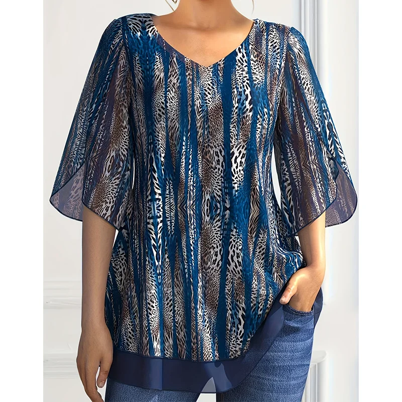 Plus Size Women Chiffon T Shirt V-Neck Half Sleeve Summer Loose Casual Vintage Printing Elegant Office Lady Tee Top dla kobiet
