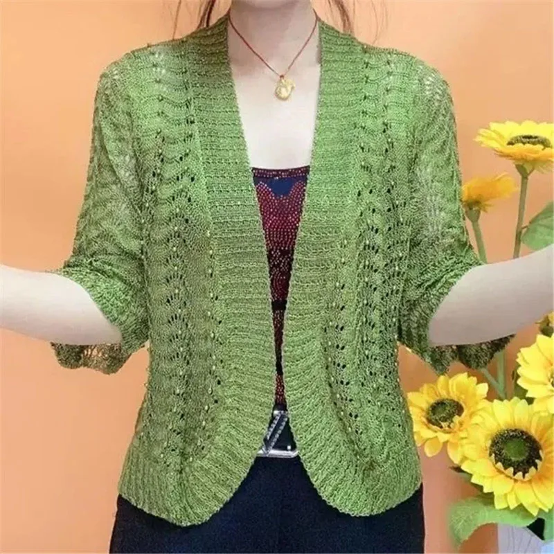 Summer Ice Silk Knitted Sunscreen Coat 2023 New Loose Fashion Cardigan Tops Solid Color Shawl Hollow Round Neck Coats Female