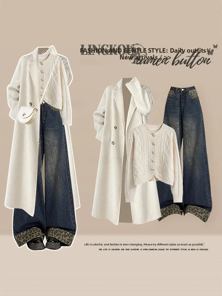 

Large Size Autumn Winter Knitted Long Coat Leopard Print Denim Jeans Tee Piece Set Women's Faionable Mature Sle Ensemble
