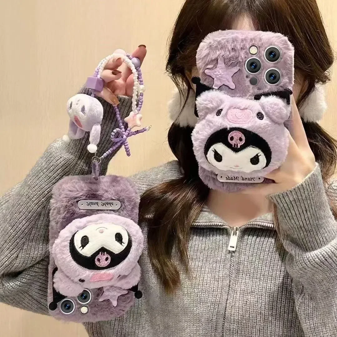 

Cartoon Cute Animation Sanrio Kuromi Plush Phone Soft Case for IPhone 12 13 14 15 16 Pro Max Case Plush Winter Kawaii Gift