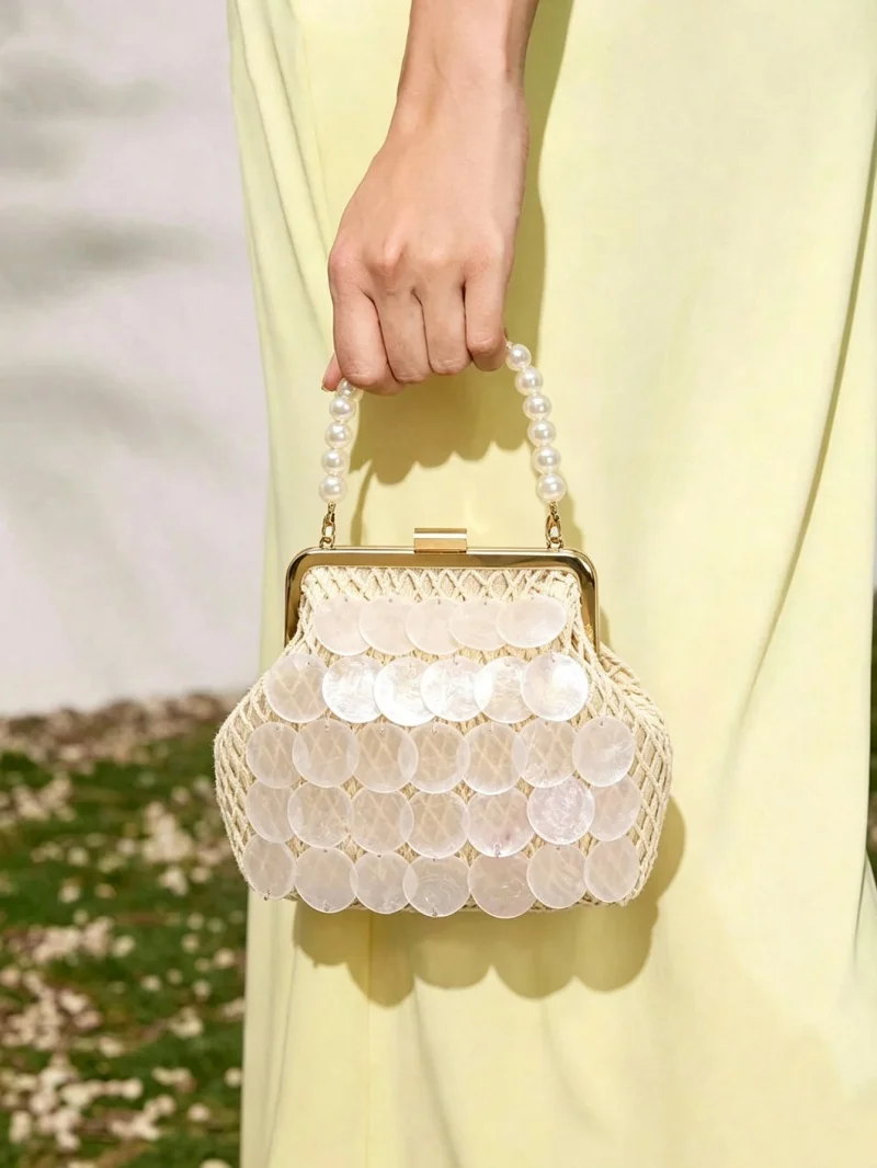 Elegant Luxury Designer Women's Handbag with Shell Fishing Net Pattern Mica Slice Tassel Clip Pearl Handle 2026 Style