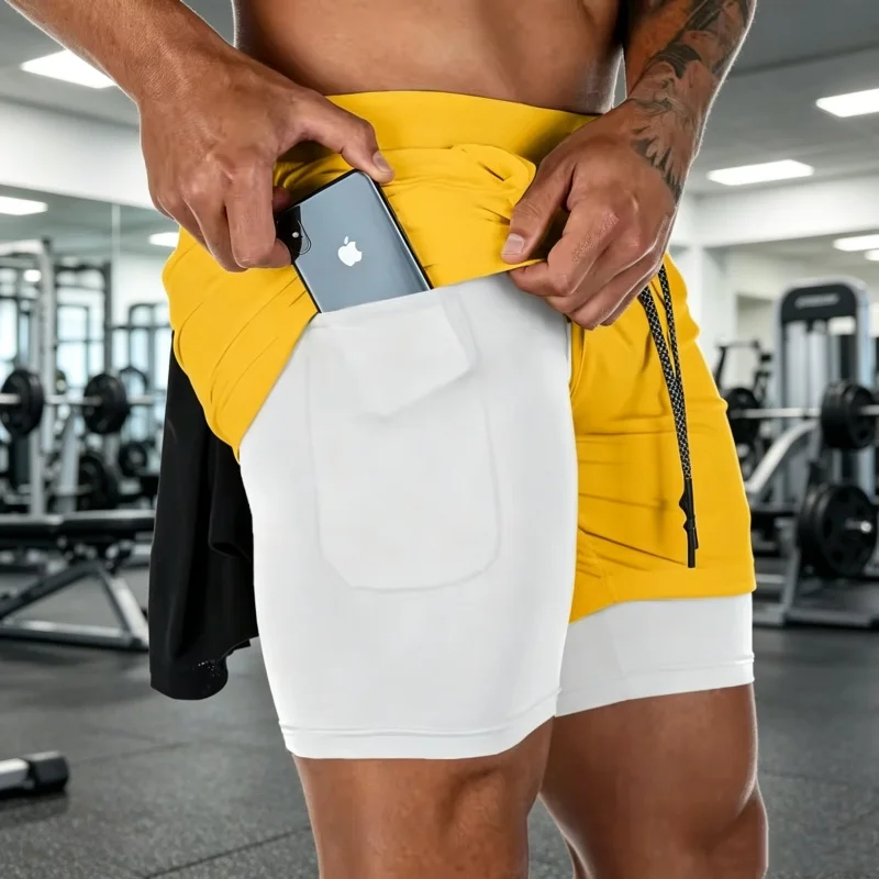 2026 Summer Sports Shorts 2-in-1 quick-dry multi-pocket Running Shorts men ventilation sweatpants Fitness double-deck men Shorts