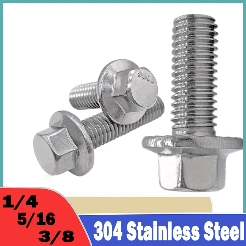5~20Pcs UNC 1/4-20 3/8-16 5/16-18 304 Stainless Steel Hexagon Head with Serrated Flange Cap Screw Hex Screws for Car Motorcycle