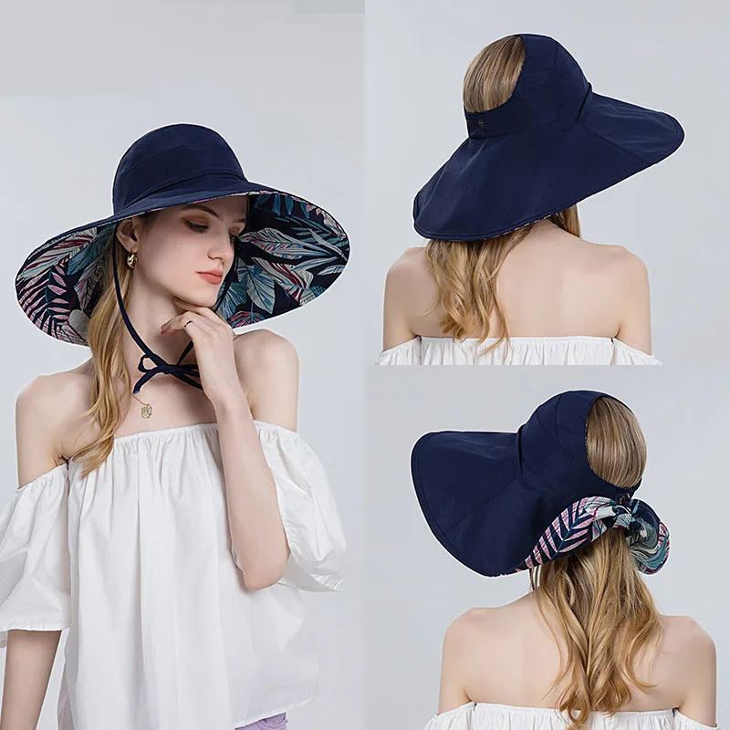 Leaf Pattern Women Sun hat Summer Half Open Top Ponytail Bucket Hat Wide Brim Sun Protection Hat