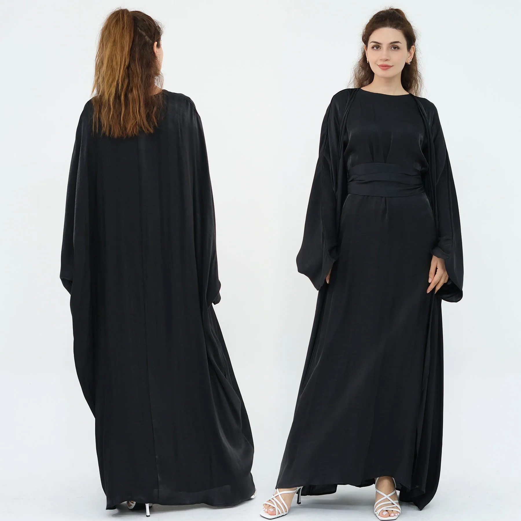 Summer Shiny Hijabi Abaya 2PC Set, Evening Party Muslim Women Suit, Sleeves Dress+Batwing Sleeves Abaya, Dubai Islamic Clothing