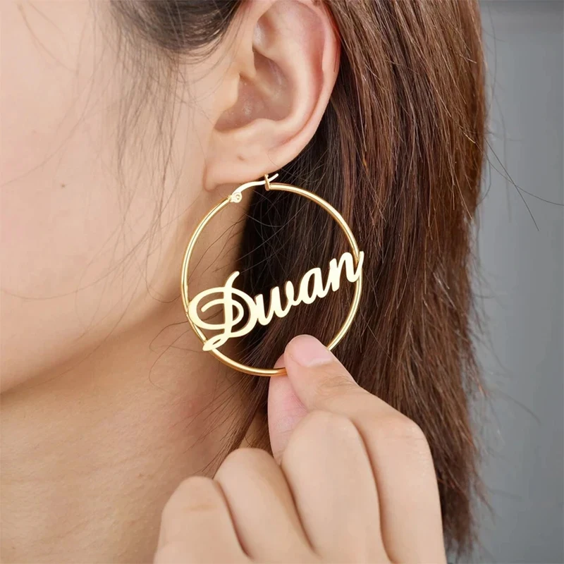 Simple Personalized Large  Hoop Earrings Custom Letter Name Exaggerated Stainless Steel Earrings Jewelry for Women Birthday Gift