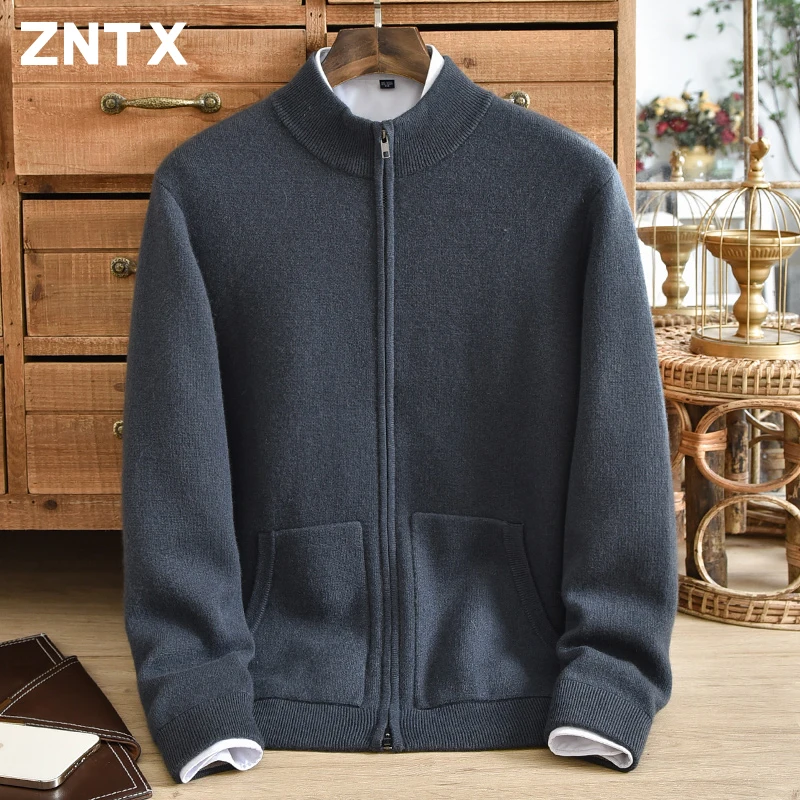 ZNTX Pure cashmere sweater men's zipper cardigan thick warm jacket middle-aged loose solid color pocket semi high neck casual