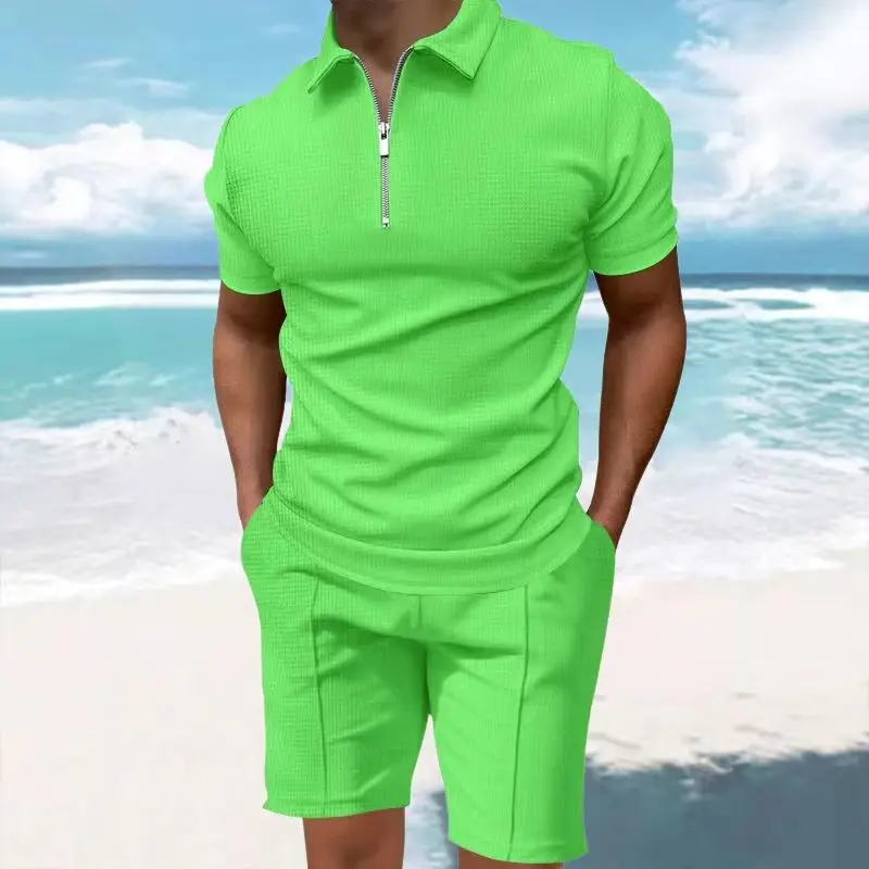 

Мужской комфортный комплект: поло с коротким рукавом из вафельной ткани и шорты — дышащая легкая одежда для весны/лета