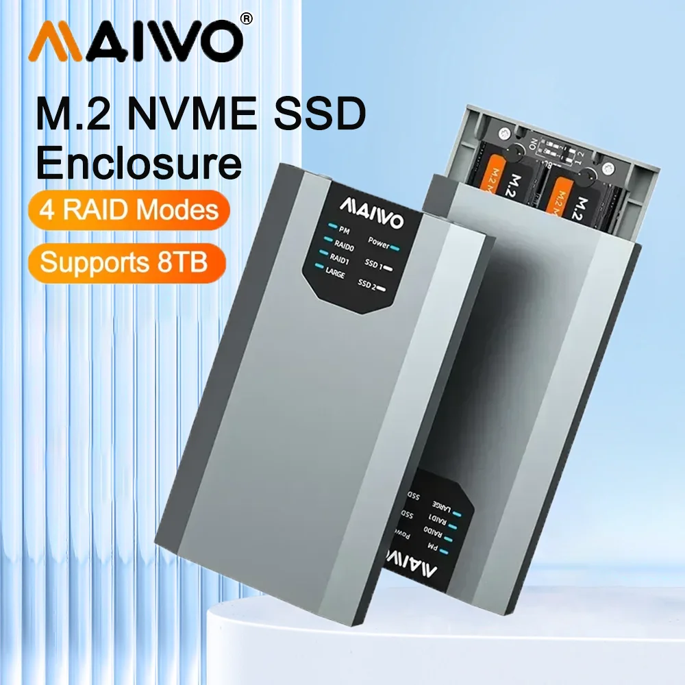 

MAIWO Dual M.2 NVMe SSD Enclosure with 4 RAIDs M2 NVMe PCIe RAID Case Supports RAID0/1/PM/Large USB3.2 Gen2x2 Type-C 20Gbps 8TB