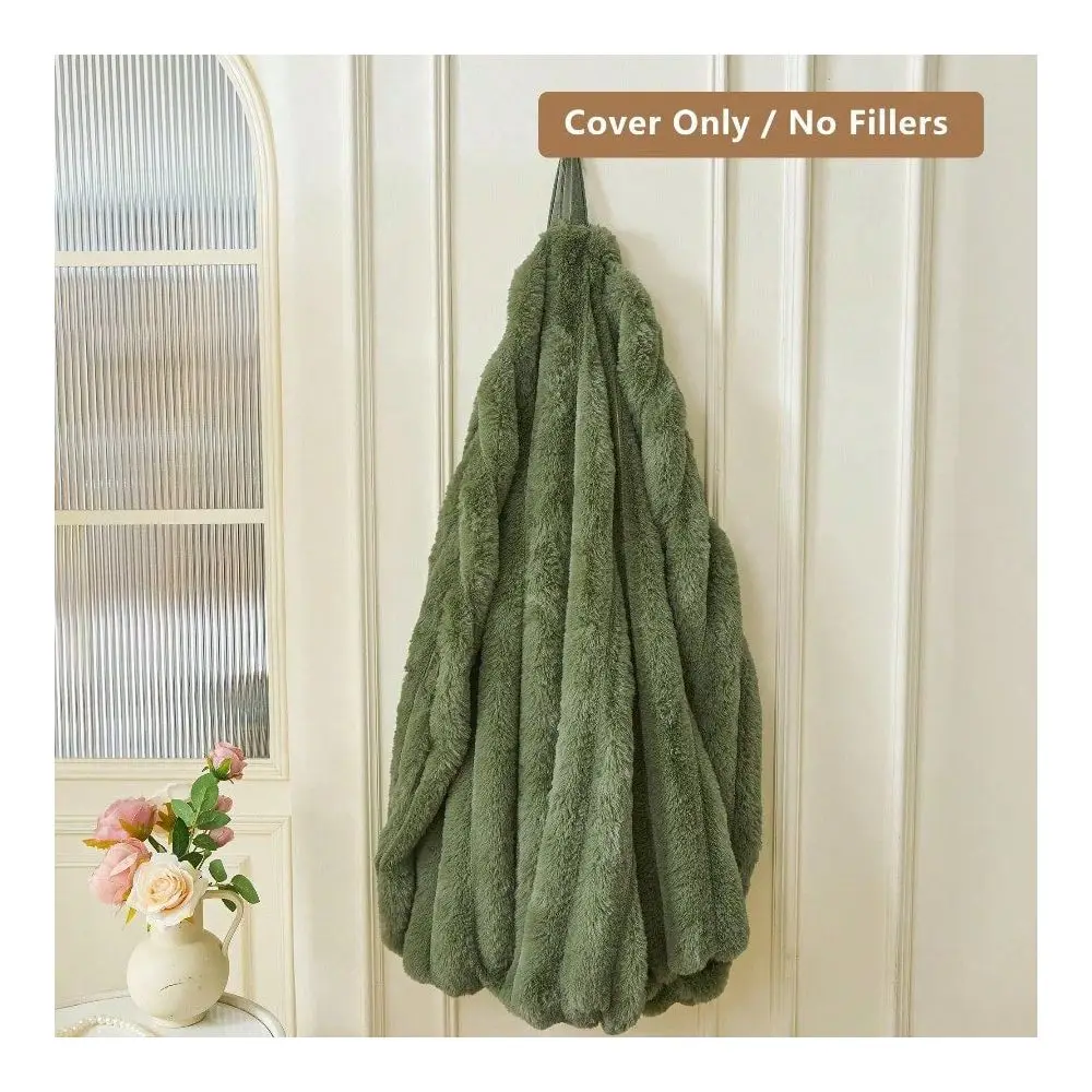 Faux Rabbit Fur Bean Bag Cover Filling Not Included Soft, IvoryColored, LongPile, WideStriped Plush Storage Bean Bag RibbedText
