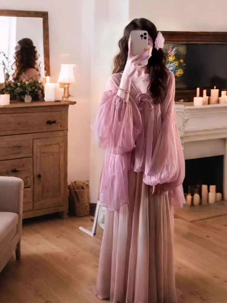 

Spring Faion plus Size Women's Bubble Sve Me Skirt Set Super Fairy T Pink Top Bot Outfit Sweet Sle Polyester F...