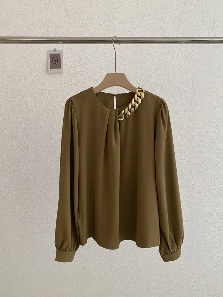 Korean style Spring Autumn  Elegant Chain Pleated O-Neck Shirt Solid Color All-match Long Sleeve Women's Blouse Pullover Top