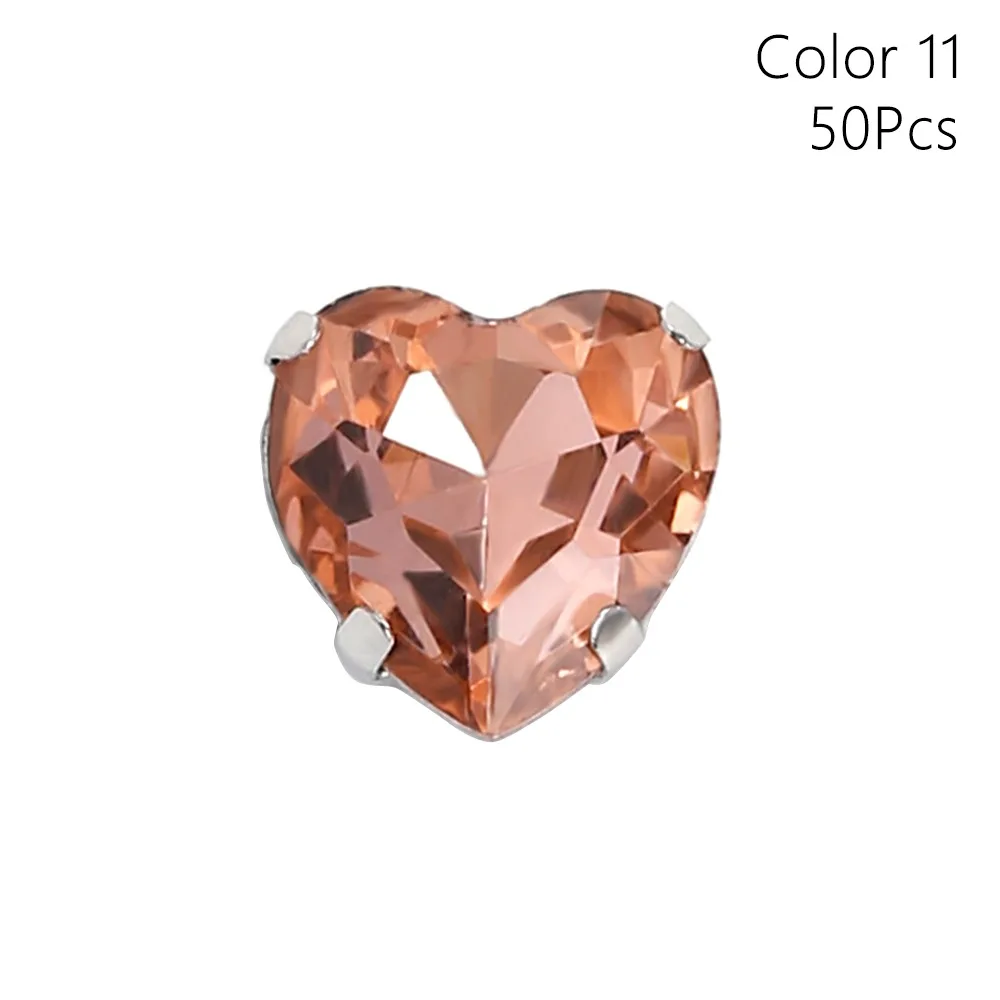 Lot de 50 strass en forme de cœur à coudre, pierres en verre de 8 mm avec griffes argentées, perles de diamant, ornements