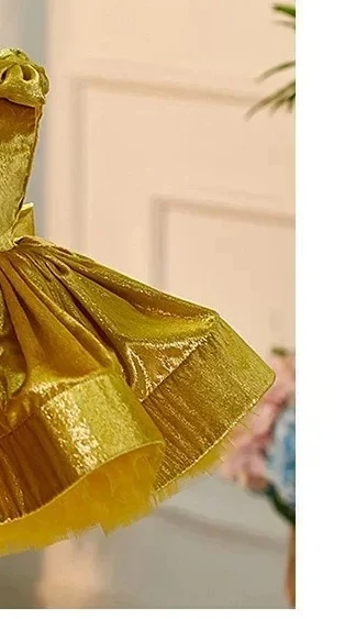 

Girls Gold Short Dress 2025 New Luxury Princess Gown Toddler Puff Skirt Elegant Party Outfit Kid Dresses Vestido Formal Cocktail