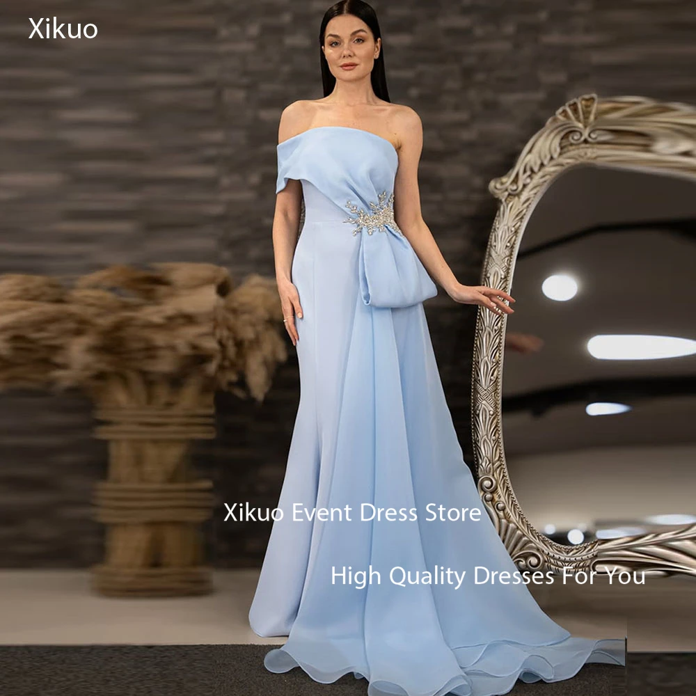 Xikuo modesto cetim longo feminino vestidos de noite um ombro apliques robe de soirée femme sereia vestidos de festa de baile personalizado