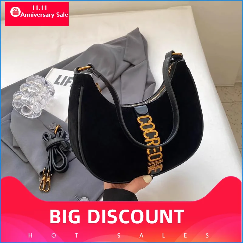 New Women's Handbag Suede Saddle Bags Winter Armpit Bags Metal Letters Shoulder Crossbody Bags For Girls Luxury Brand Style