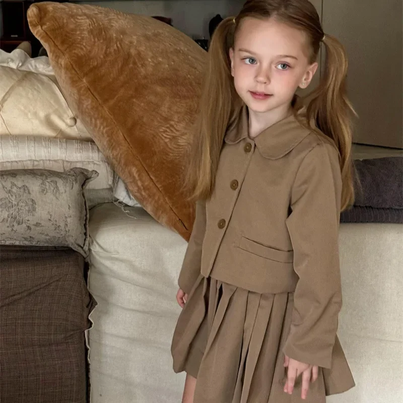 

Jackets Autumn Winter New Girl Loose Coat Pleated Skirt College Childrens Clothing Simple Fashion 2024 Turn Down Collar