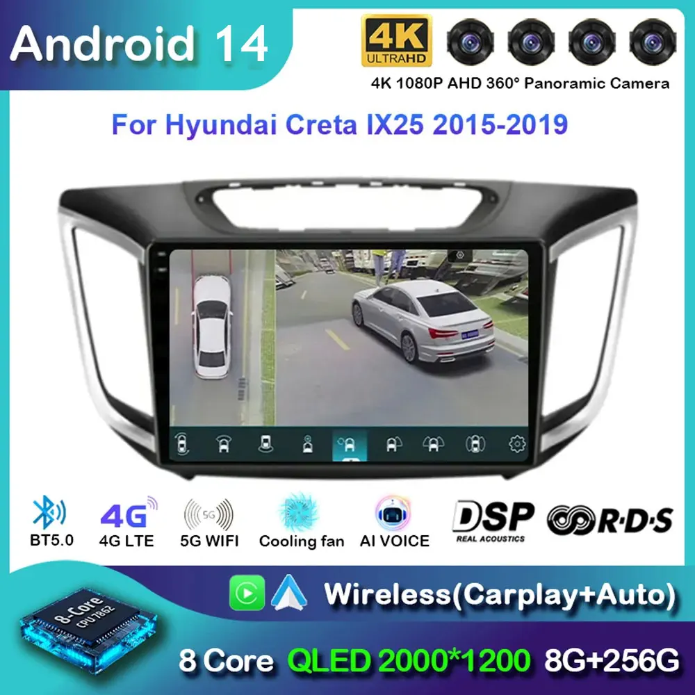 

Android 14 Car Radio For Hyundai Creta ix25 2015 - 2019 Navigation Multimedia Player Stereo WiFi+4G DVD Video DSP BT Carplay DVD