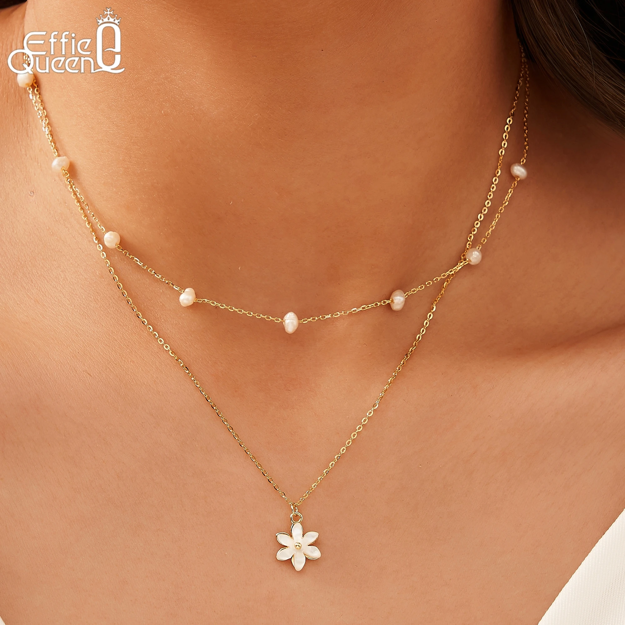 EFFIE QUEEN 100% S925 Silver 14k Gold Snowflake Pearl Pendant Necklace Natural Jewelry for Women Wedding Party Casual Gift GPN73
