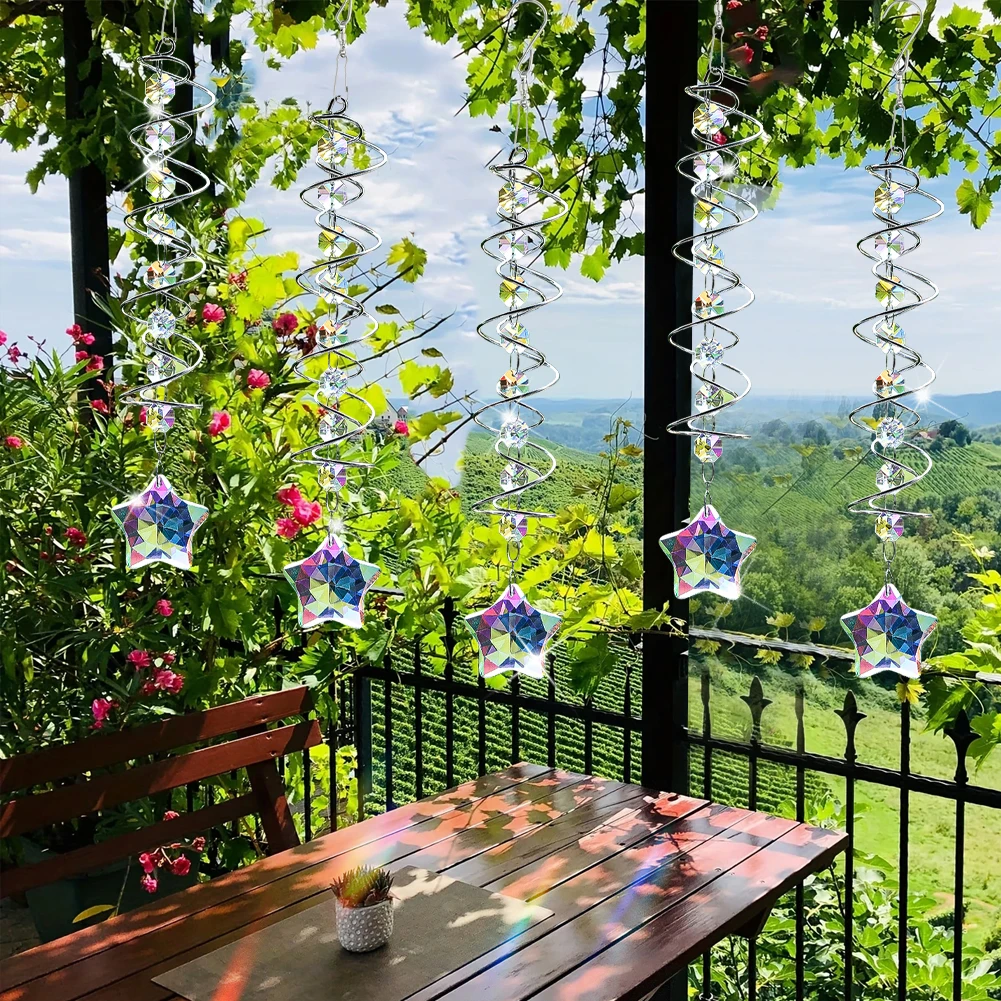 33.5cm Eternal Spiral Self-stringing Crystal Beads Pendant Five-pointed Star Glass Art Rainbow Making Garden Balcony Decoration
