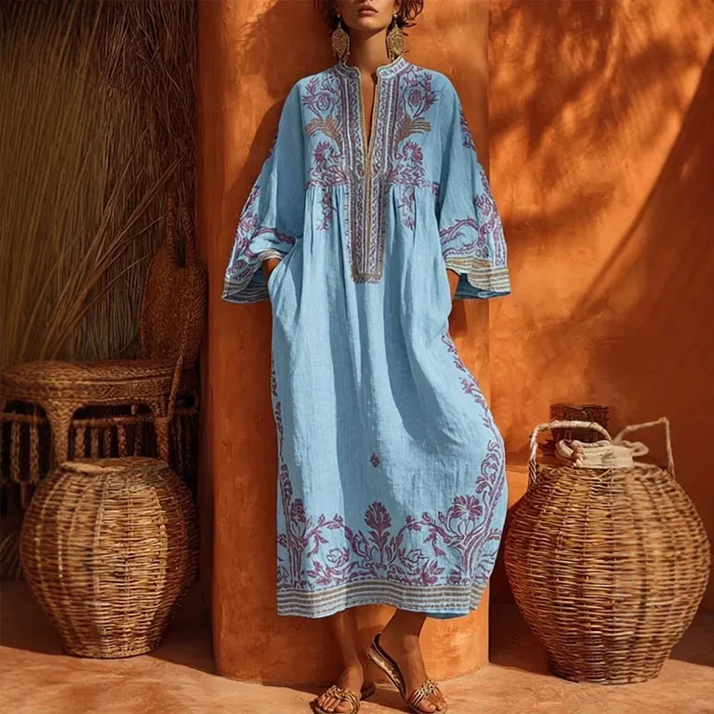 boho party dresses Ethnic Vintage Print Loose Long Woman Spring V Neck Pocket A-Line Maxi Dress Casual Long Sleeve Summer Dress weekend trips and summer