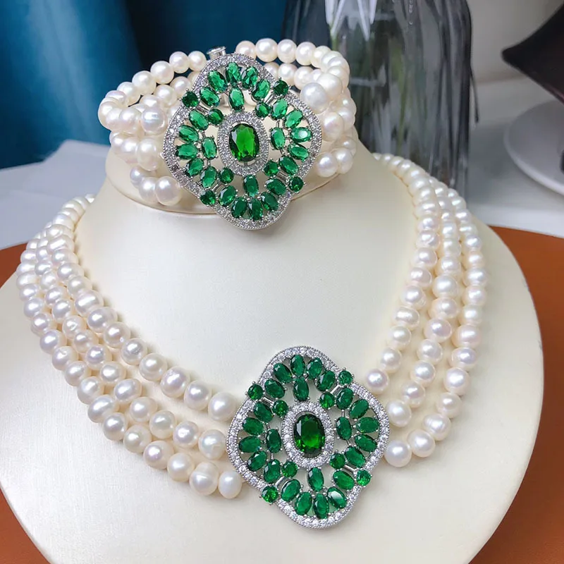 Natural Freshwater Pearl Necklace Bracelet Set High-End Luxury Women Weddings Banquets Jewelry Accessories