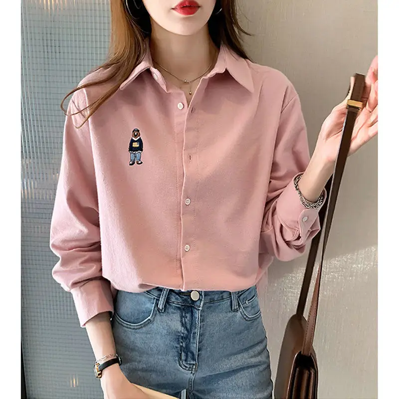 Fashion Solid Color Bear Embroidery Blouse Women New Long Sleeve Single-breasted Loose Polo Collaar Korean All-match Lady Shirt