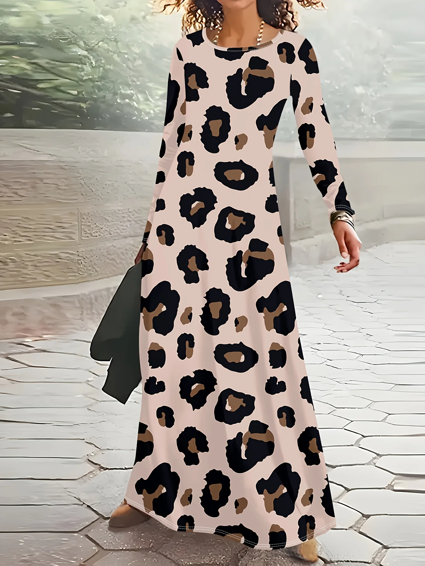 Lässiges Leopardenmuster-Kleid mit Langen Ärmeln für Damen Rundhals Bodycon Midikleid Modische Streetwear Herbst-Winter-Outfit