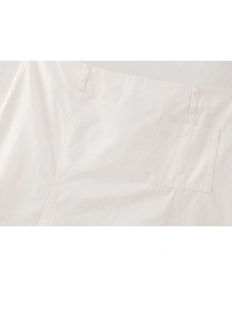 ชุดสูทผู้หญิงแฟชั่นใหม่ เสื้อกั๊กแขนกุดคอปกพับได้ มีกระเป๋า ผ้าสีพื้น + กระโปรงทรงเอไลน์แบบซิปยาวปานกลาง ดีไซน์หรูหรา