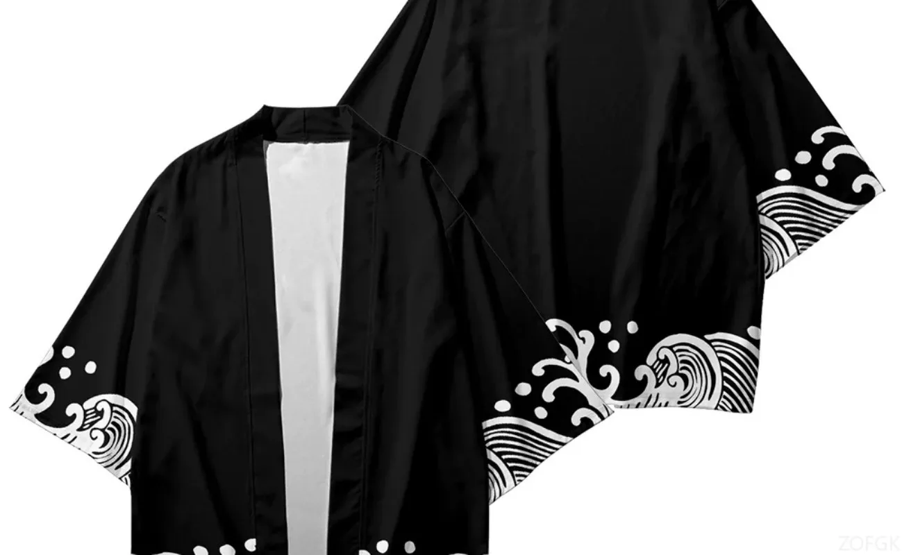 2025 الصيف نمط موجة مطبوعة كيمونو الرجال الياقة المفتوحة لعب الأدوار الشارع الشهير بلوزة سوداء