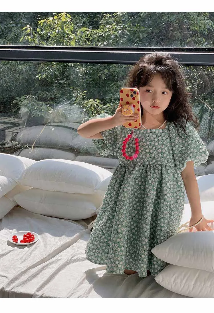 Girls Casual Dresses Floral Print Puffy Sleeves Dress Flower Girl Dresses Square Collar Clothes for Kids 3 To 7 Years