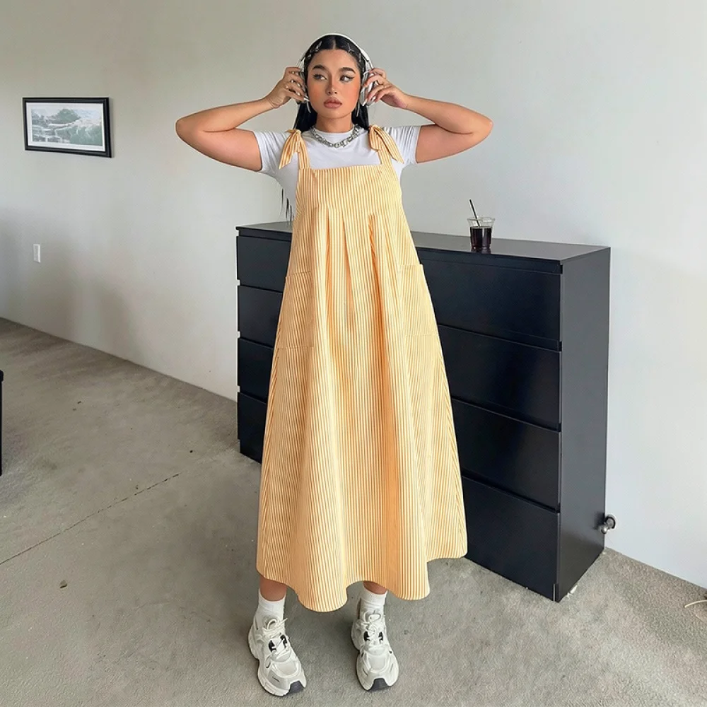 Womens Summer Loose Striped Dress Plus Size Sleeveless Strap Midi Dresses Casual Elegant Commuter Beach Gown
