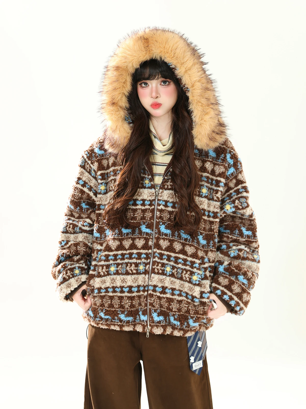 

Женская куртка ENJOG с воротником из овечьей шерсти, повседневная, свободного кроя, теплая зимняя, из хлопка, со съемным воротником, длинными рукавами, на молнии