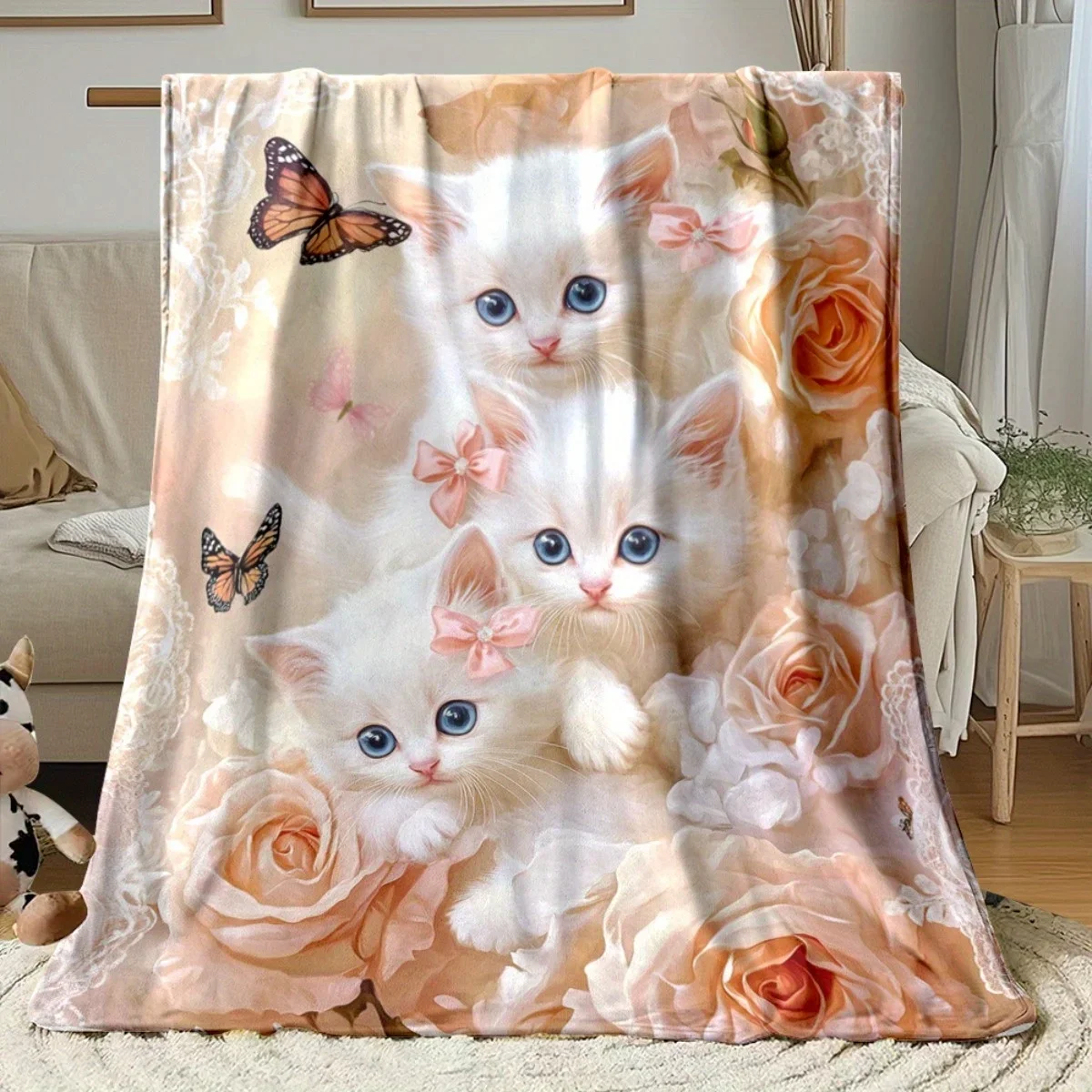 Fluffy Kitten Puppy Dog Blanket Throw Cute Pet Rose Pattern Decorative Nursery Bedding Boho Home Decor Gift Plush Wrap