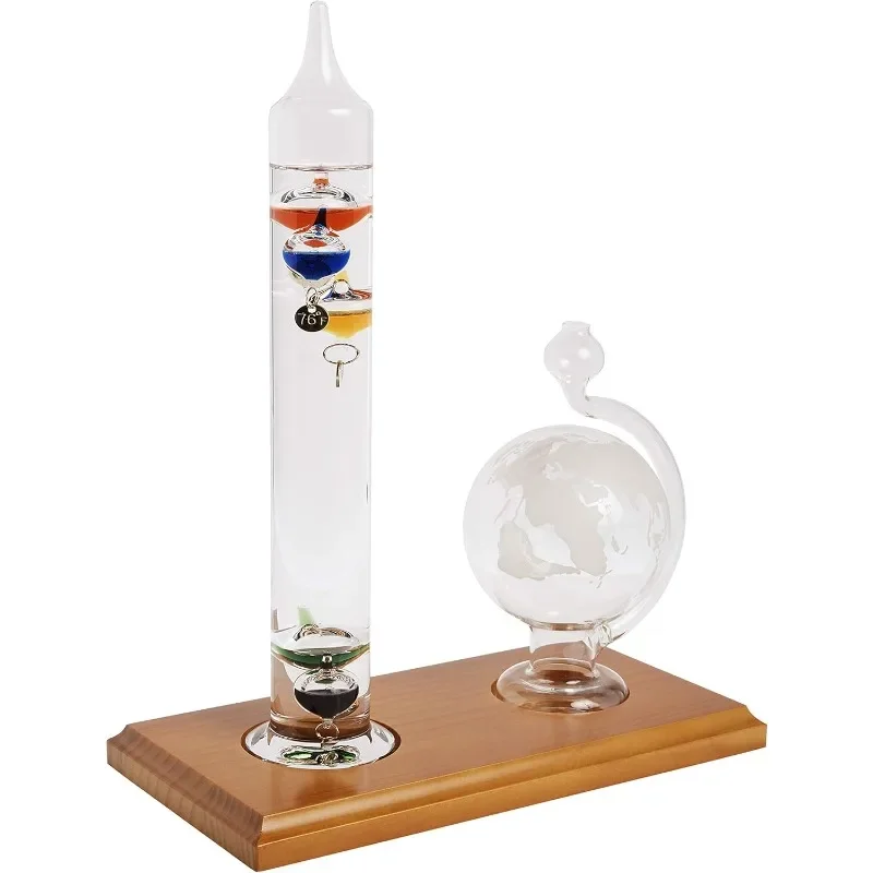 

00795A2 Galileo Thermometer with Glass Globe Barometer, Barometer Set, Glass/Wood, 3