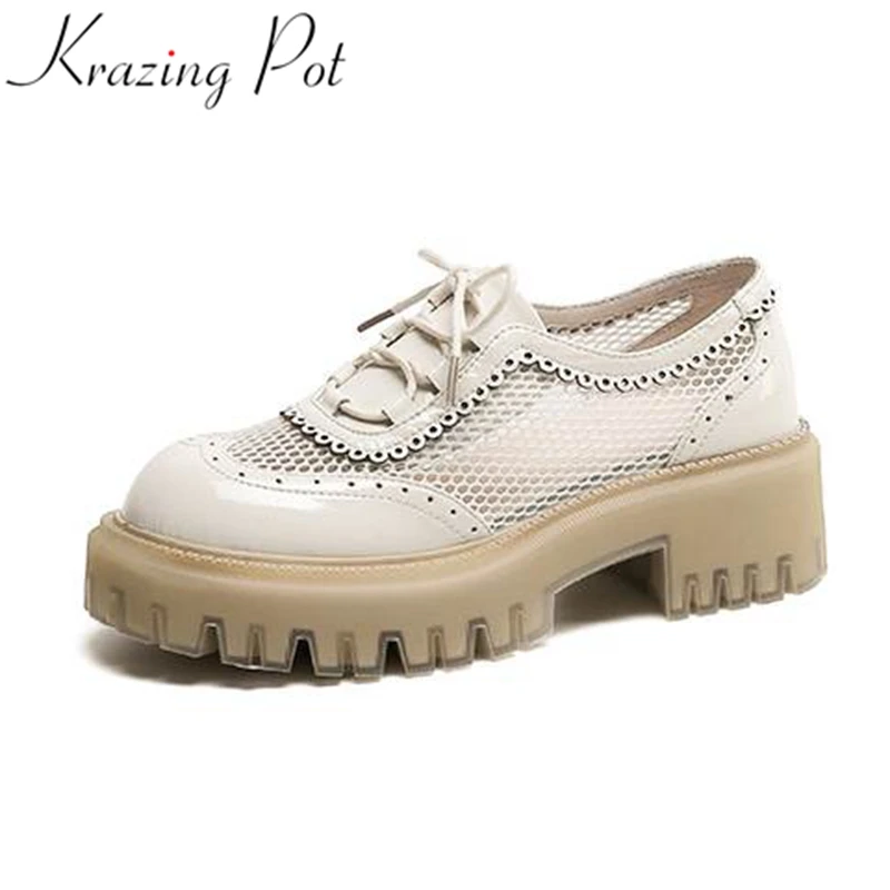 Krazing Pot Cow Leather Round Toe Thick Bottom Carving Air Mesh Height Increasing Shoes White Sneakers Lace Up Platform Pumps