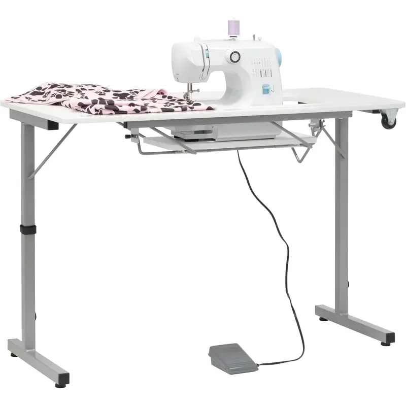 Portable Foldable Sewing Table 40.5 Wide Top Silver White