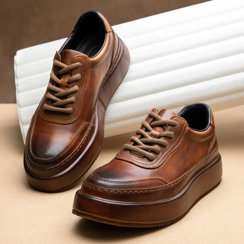 CLAIAMI Retro Luxury Cowhide Men Shoes Trendy Casual Leather Shoes for Men Lace-up Rubber Breathable Brush Italian Shoes Zapatos