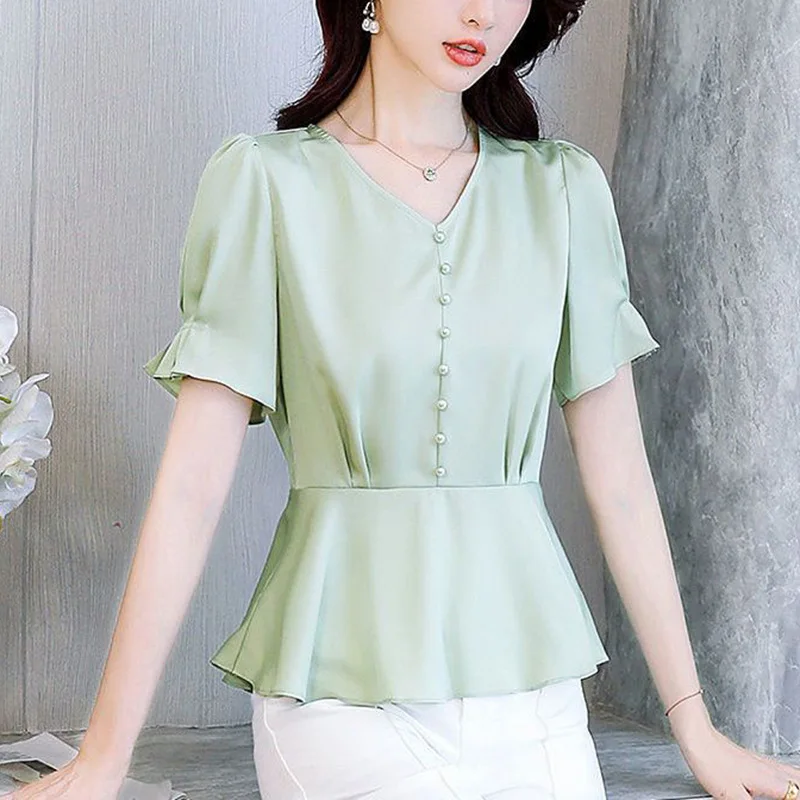 Elegant V-Neck Solid Color Folds Chiffon Blouse Women\'s Clothing 2023 Summer New Casual Pullovers Tops Loose Office Lady Shirt