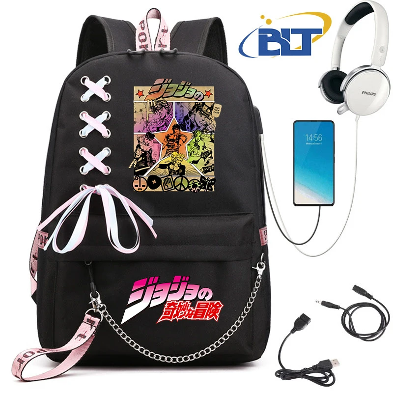 Jojo Bizarre Adventure anime print student schoolbag black ribbon girls backpack kids back to school gift