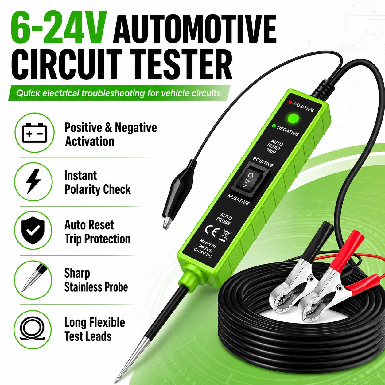 6-24Vdc Automotive Power Circuit Tester, Vehicle Electrical System Test Pen with Indicator Light, Positive and Negative Polarity Testing Function, Automatic Circuit Continuity Voltage Diagnostic Tool Suitable for Truck, Motorcycle, and Rv Vehicle Circuit Maintenance