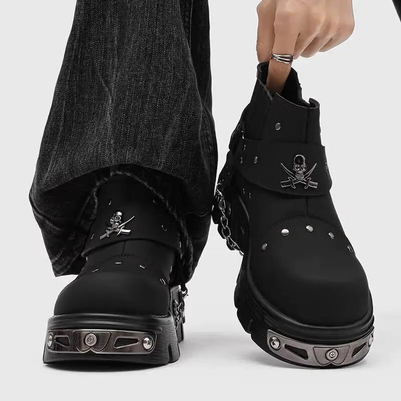 Gothic Punk Anke Boots Men's Black Matte Platform Short Boots Subculture Punk Style Skull Metal Chelsea Boots