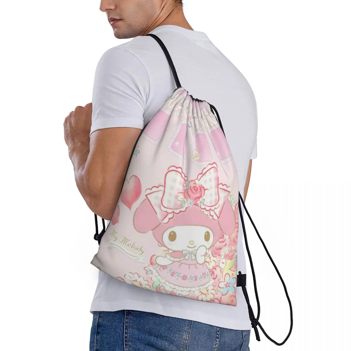 Bolsa de armazenamento com cordão Bolsas portáteis My Melody Grocery Shopping Bolsas de ombro Bolsa de viagem dobrável