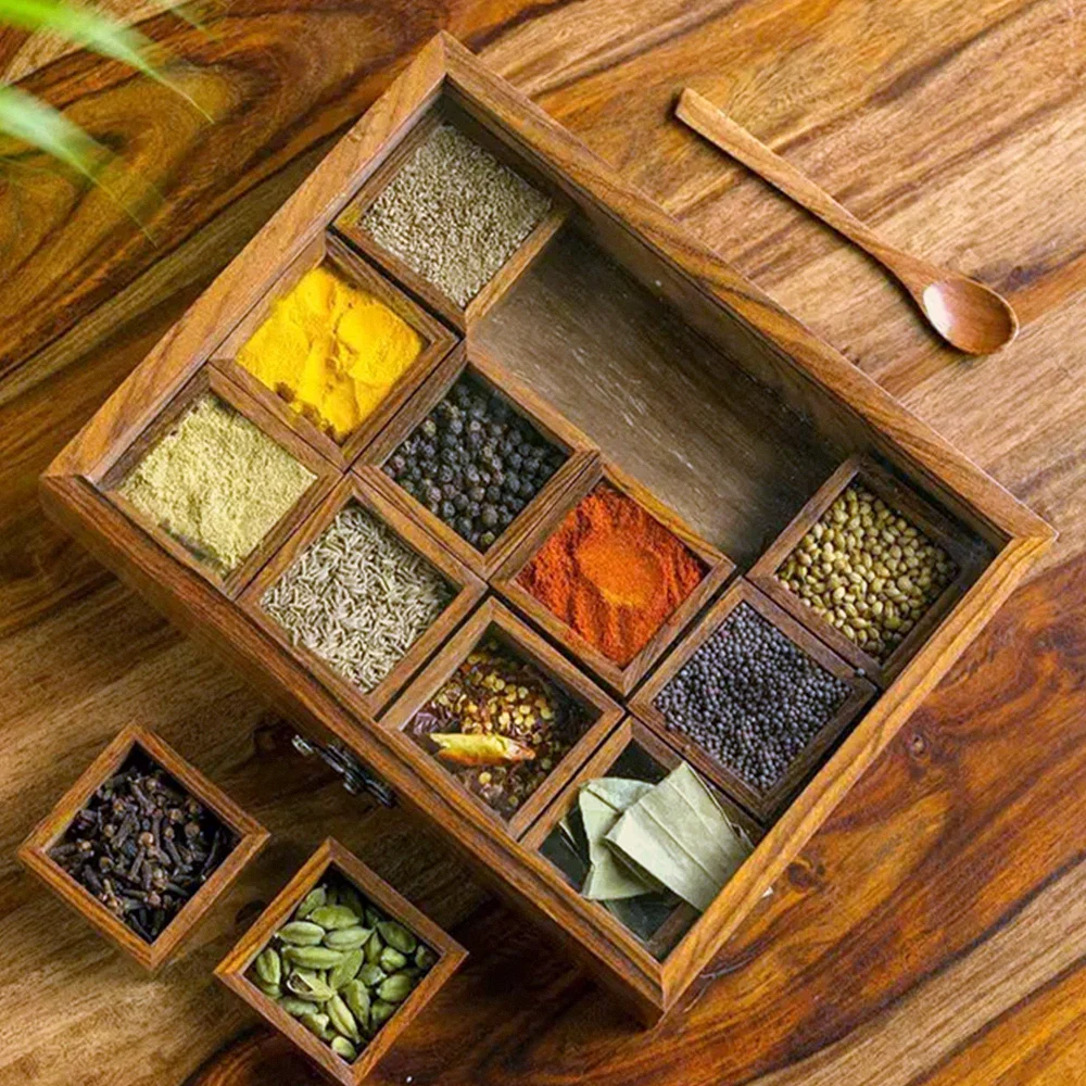 Wooden Spice Organizer Multi-Compartment Storage Box with 12 Removable Containers Spice Fit Box 45ml/0.01gal with Spoon and Lid