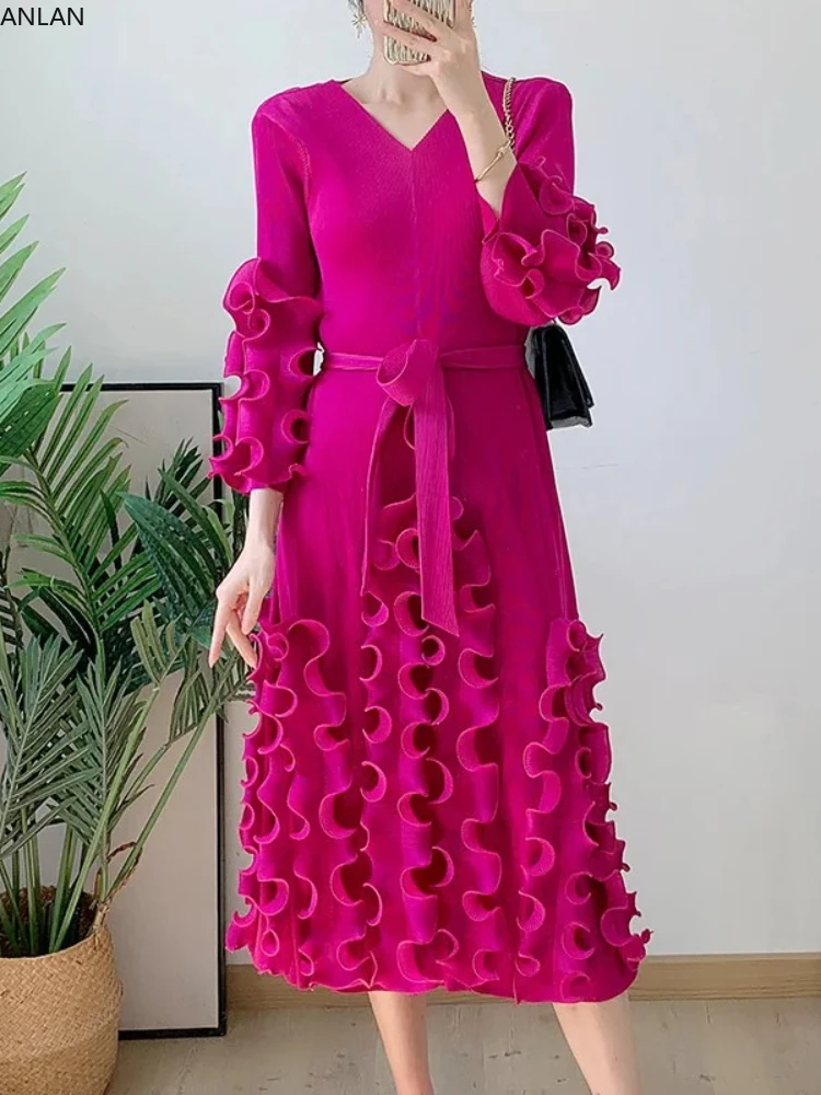 

ANLAN 2024 Spring New Ruffles Pleated Dress V-Neck Long Sleeves Belt A-line Solid Color Dresses Elegant Women's Clothing 9AK1705