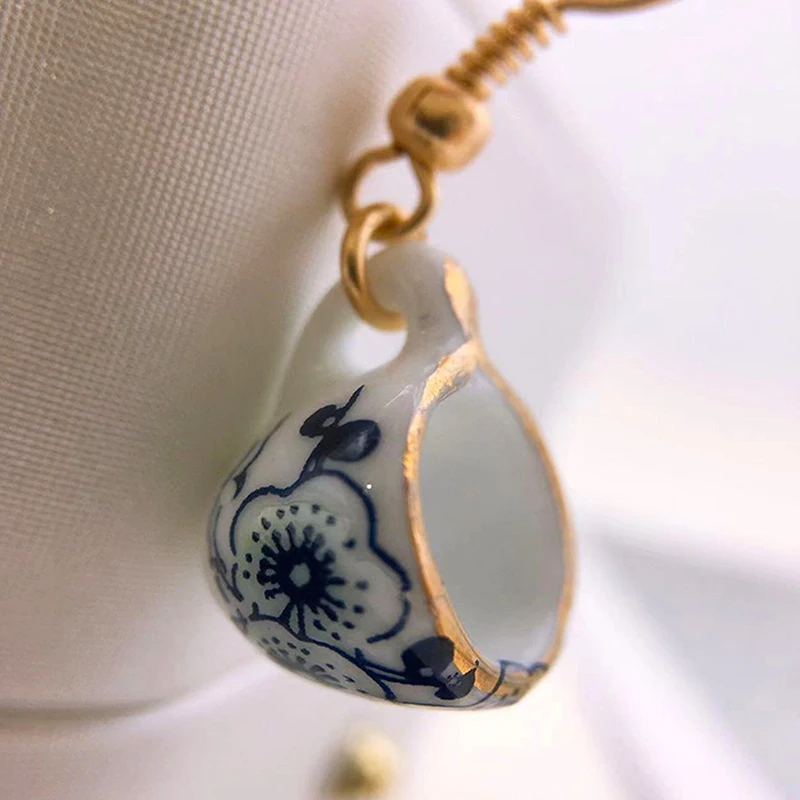 1Pair Vintage Handmade Ceramic Teacup Earrings For Women Enamel Cup Earring Jewelry Gifts