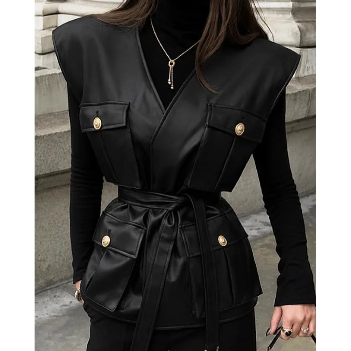 Black Leather Vest Fashionable Casual Style Korean Trendy New 2026 Women's Sleeveless Jacket V-Neck Regular Fit Washed Leather