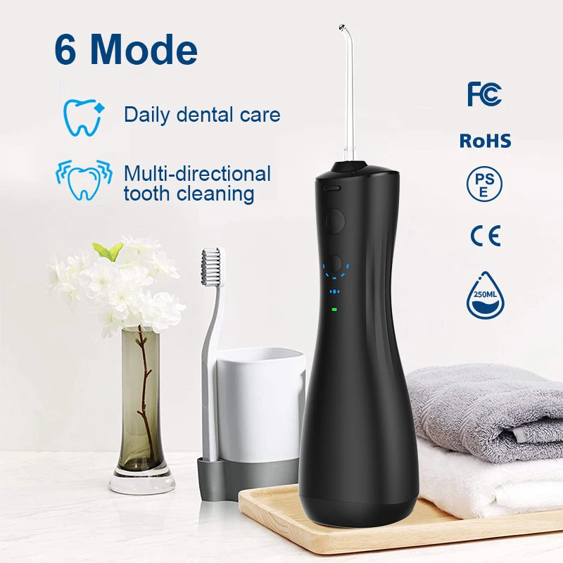스마트 휴대용 구강 세정기 충전 방수 물 탱크, 성인 치과 스케일러 케어, 전기 물 치실 세트, 6 단 속도, 250ml