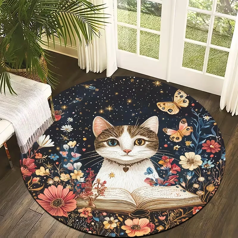 Garden Black Cat Little Bird Round Rug Watercolor Floral Print Circular Carpet Non-Slip Indoor Outdoor Mat Balcony Decoration